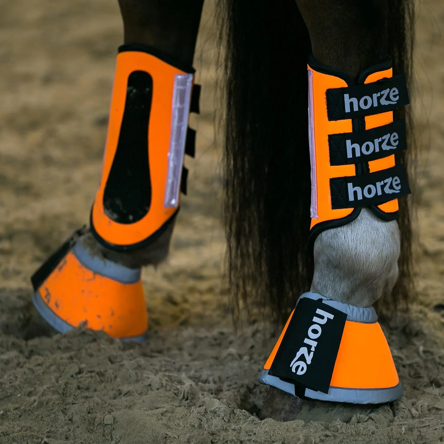 HORZE High-Visibility Reflective Neoprene Protective Horse Boots Pair for Nighttime Horseback Riding | Front or Back Legs - Orange - S