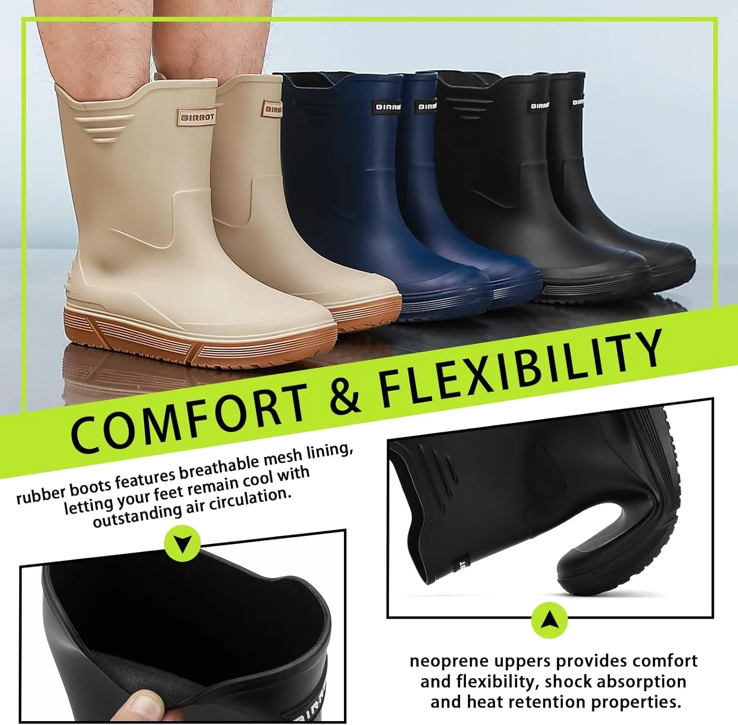 Hsttgsr Rain Boots for Men Waterproof Fashionable Rubber Boots Non-slip Outdoor Garden Boots Mid Calf Muck Work Shoes Comfort Lightweight Rainboots for Fishing Climbing