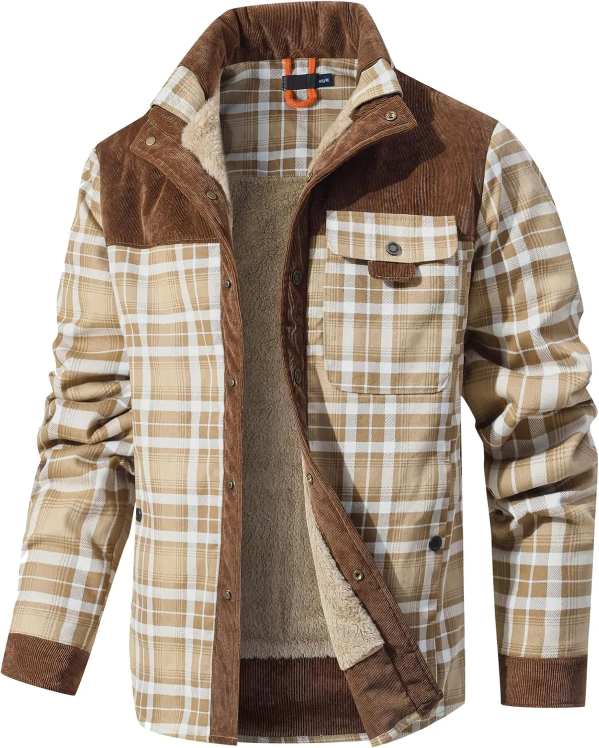 HYPESTFIT Men's Corduroy Plaid Sherpa Lined Flannel Shirt Jacket Fleece Coat