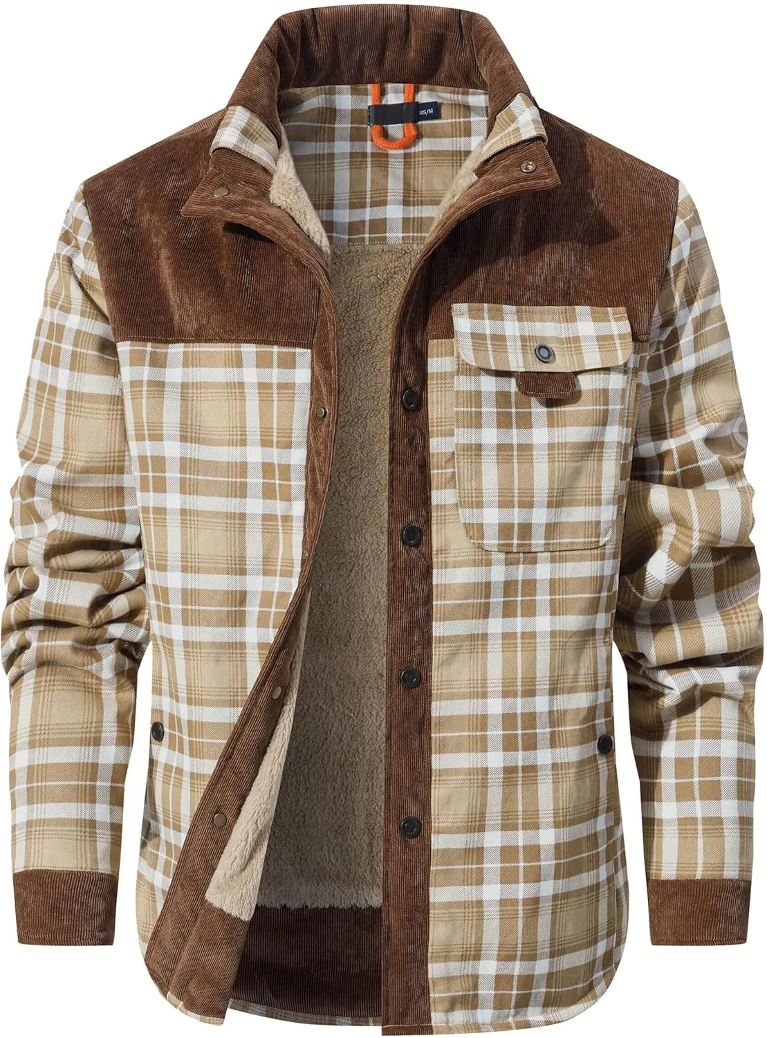 HYPESTFIT Men's Corduroy Plaid Sherpa Lined Flannel Shirt Jacket Fleece Coat