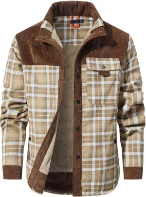 HYPESTFIT Men's Corduroy Plaid Sherpa Lined Flannel Shirt Jacket Fleece Coat