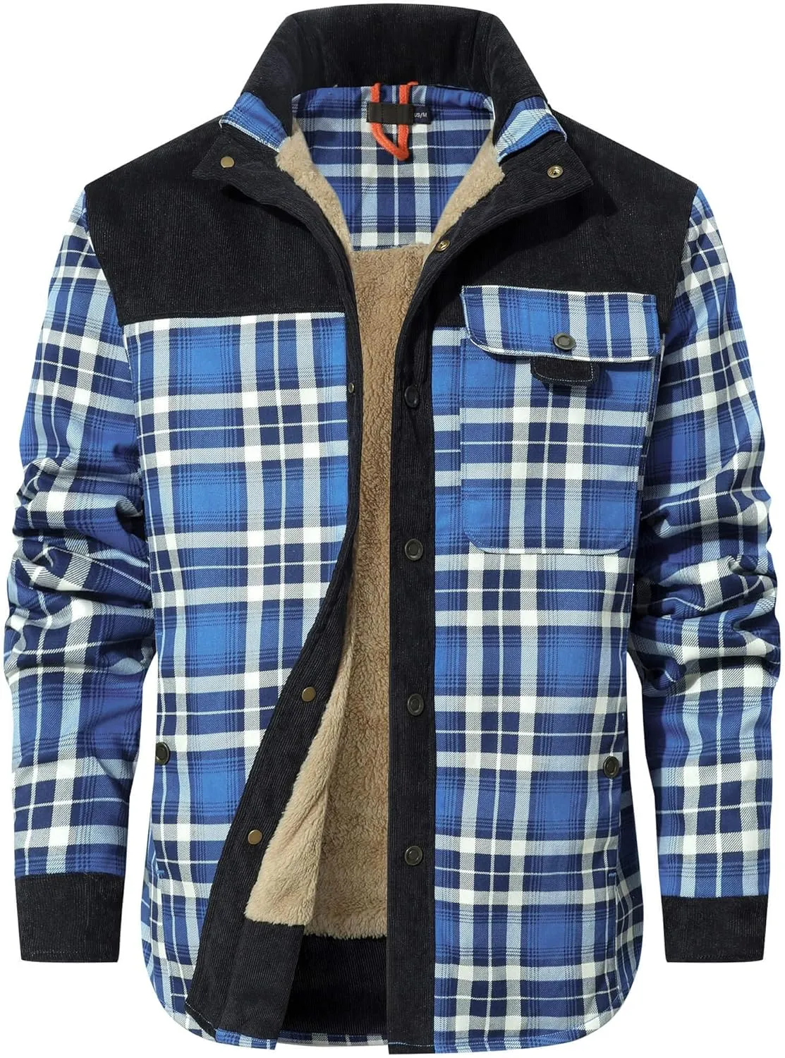 HYPESTFIT Men's Corduroy Plaid Sherpa Lined Flannel Shirt Jacket Fleece Coat