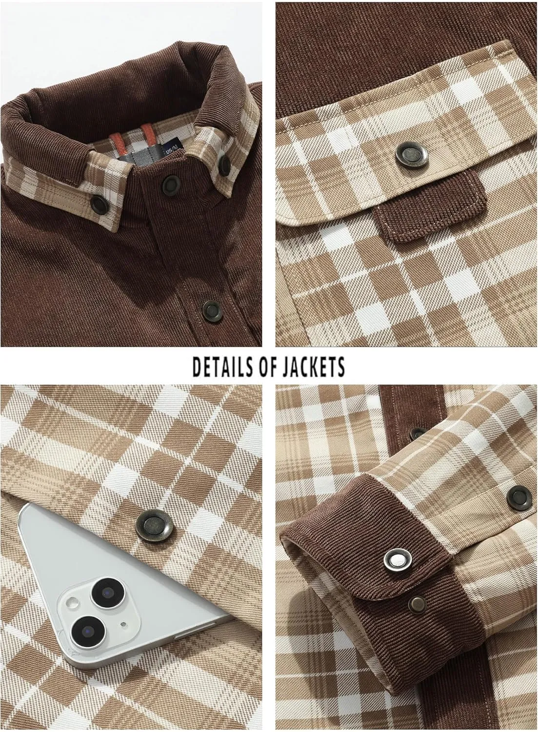 HYPESTFIT Men's Corduroy Plaid Sherpa Lined Flannel Shirt Jacket Fleece Coat