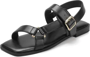 IDIFU Flat Sandals for Women Strappy Slingback Ladies Dress Sandal Summer Beach Cute Dressy Comfortable Flats Ankle Strap Buckle Square Open Toe Trendy Casual Vacation Formal Sandals