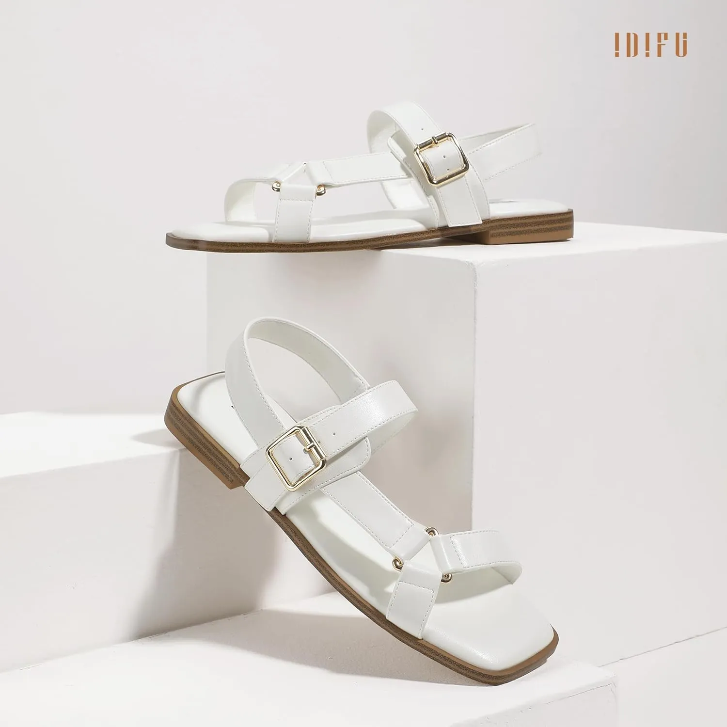 IDIFU Flat Sandals for Women Strappy Slingback Ladies Dress Sandal Summer Beach Cute Dressy Comfortable Flats Ankle Strap Buckle Square Open Toe Trendy Casual Vacation Formal Sandals