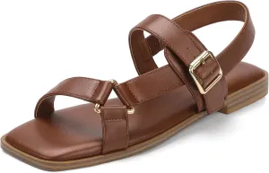 IDIFU Flat Sandals for Women Strappy Slingback Ladies Dress Sandal Summer Beach Cute Dressy Comfortable Flats Ankle Strap Buckle Square Open Toe Trendy Casual Vacation Formal Sandals