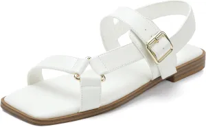 IDIFU Flat Sandals for Women Strappy Slingback Ladies Dress Sandal Summer Beach Cute Dressy Comfortable Flats Ankle Strap Buckle Square Open Toe Trendy Casual Vacation Formal Sandals