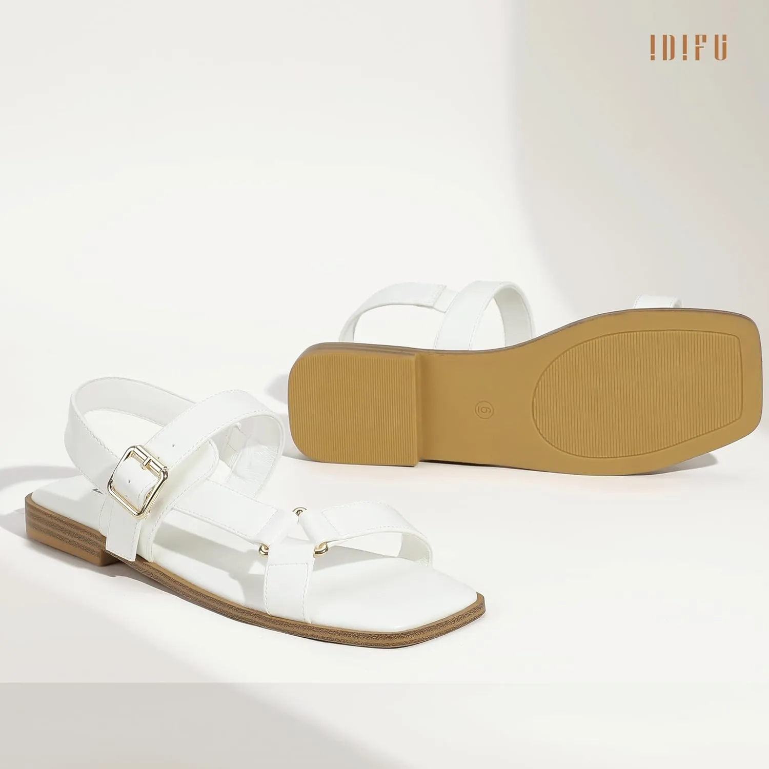 IDIFU Flat Sandals for Women Strappy Slingback Ladies Dress Sandal Summer Beach Cute Dressy Comfortable Flats Ankle Strap Buckle Square Open Toe Trendy Casual Vacation Formal Sandals
