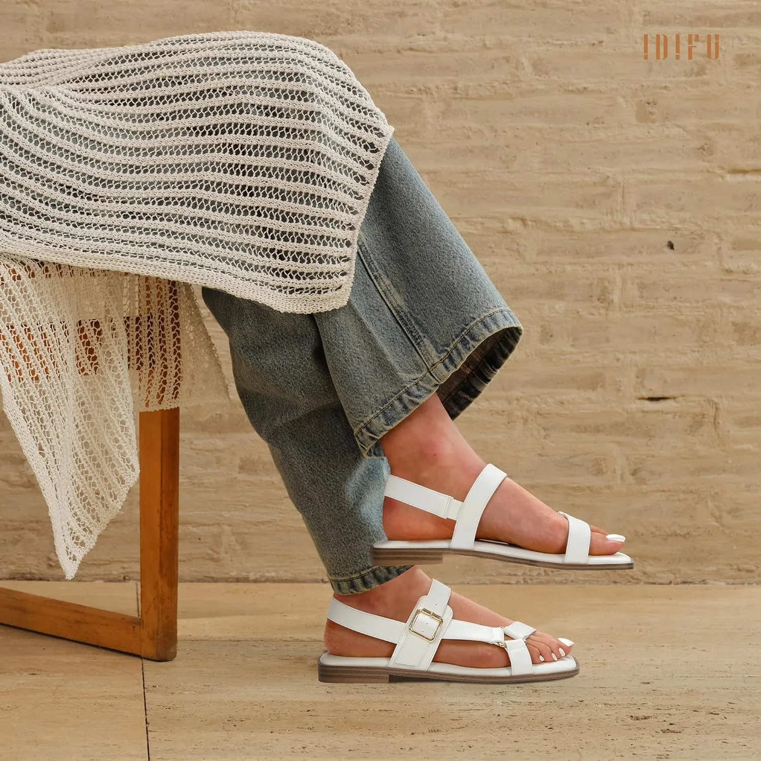 IDIFU Flat Sandals for Women Strappy Slingback Ladies Dress Sandal Summer Beach Cute Dressy Comfortable Flats Ankle Strap Buckle Square Open Toe Trendy Casual Vacation Formal Sandals