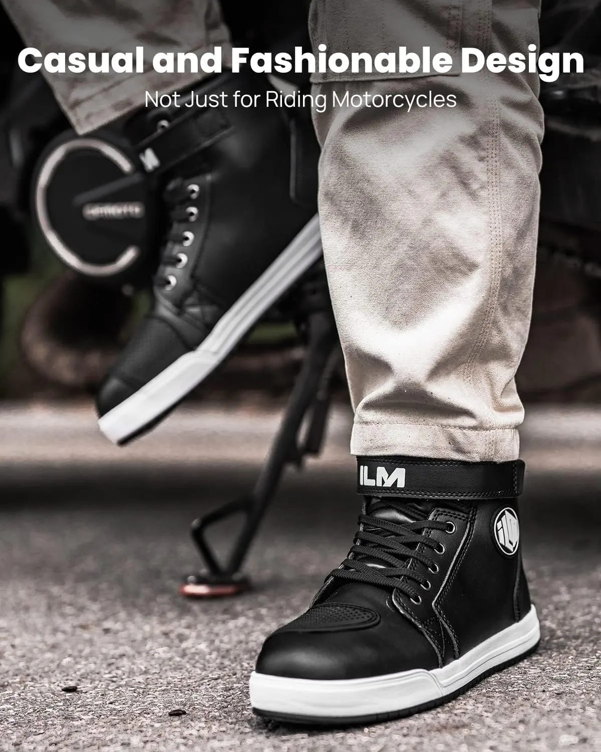 ILM Motorcycle Shoes for Men Black Waterproof Street Riding Protective Gear Breathable Powersport Anti-Slip Footwear with Ankle Support, Shift pad