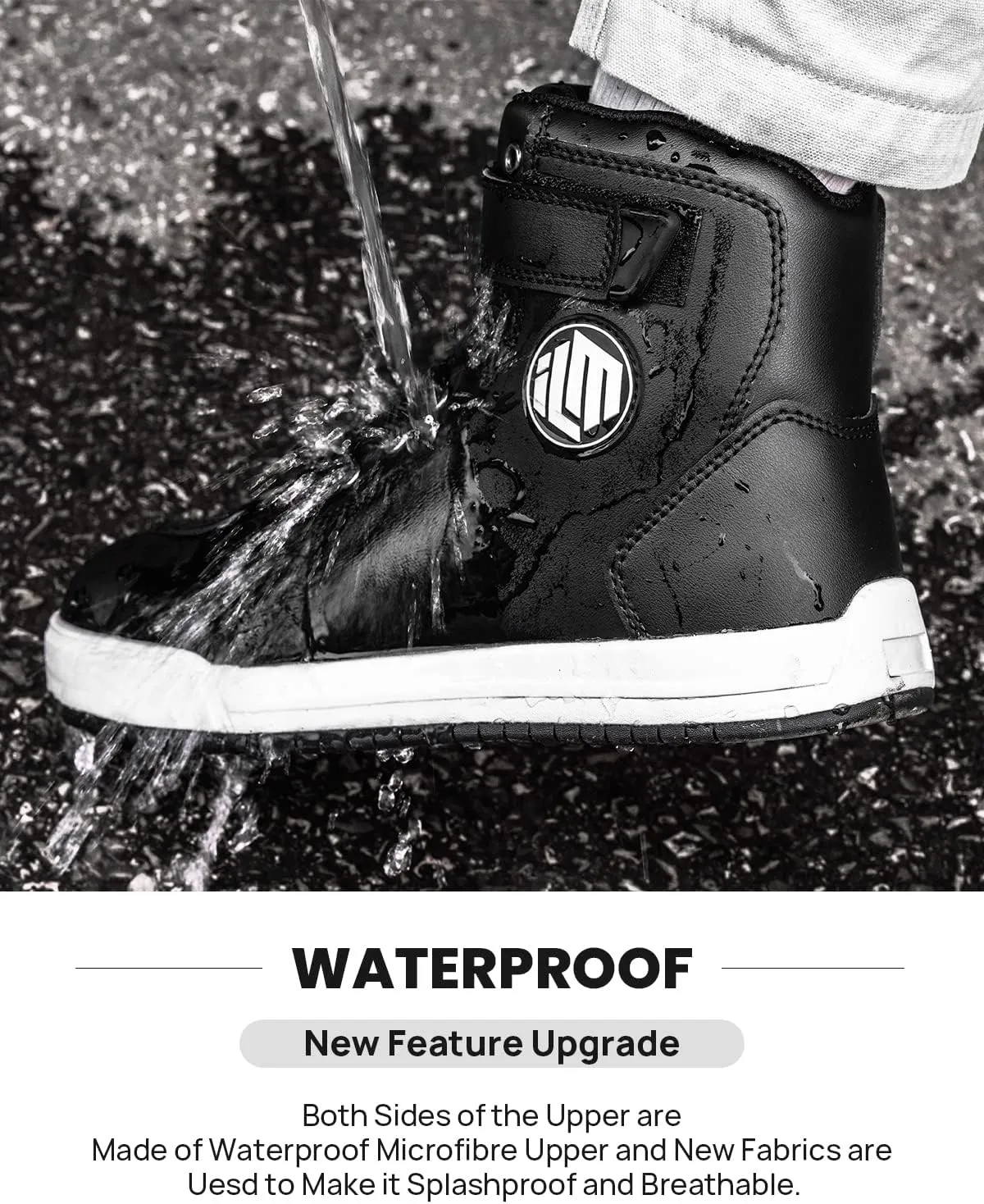 ILM Motorcycle Shoes for Men Black Waterproof Street Riding Protective Gear Breathable Powersport Anti-Slip Footwear with Ankle Support, Shift pad