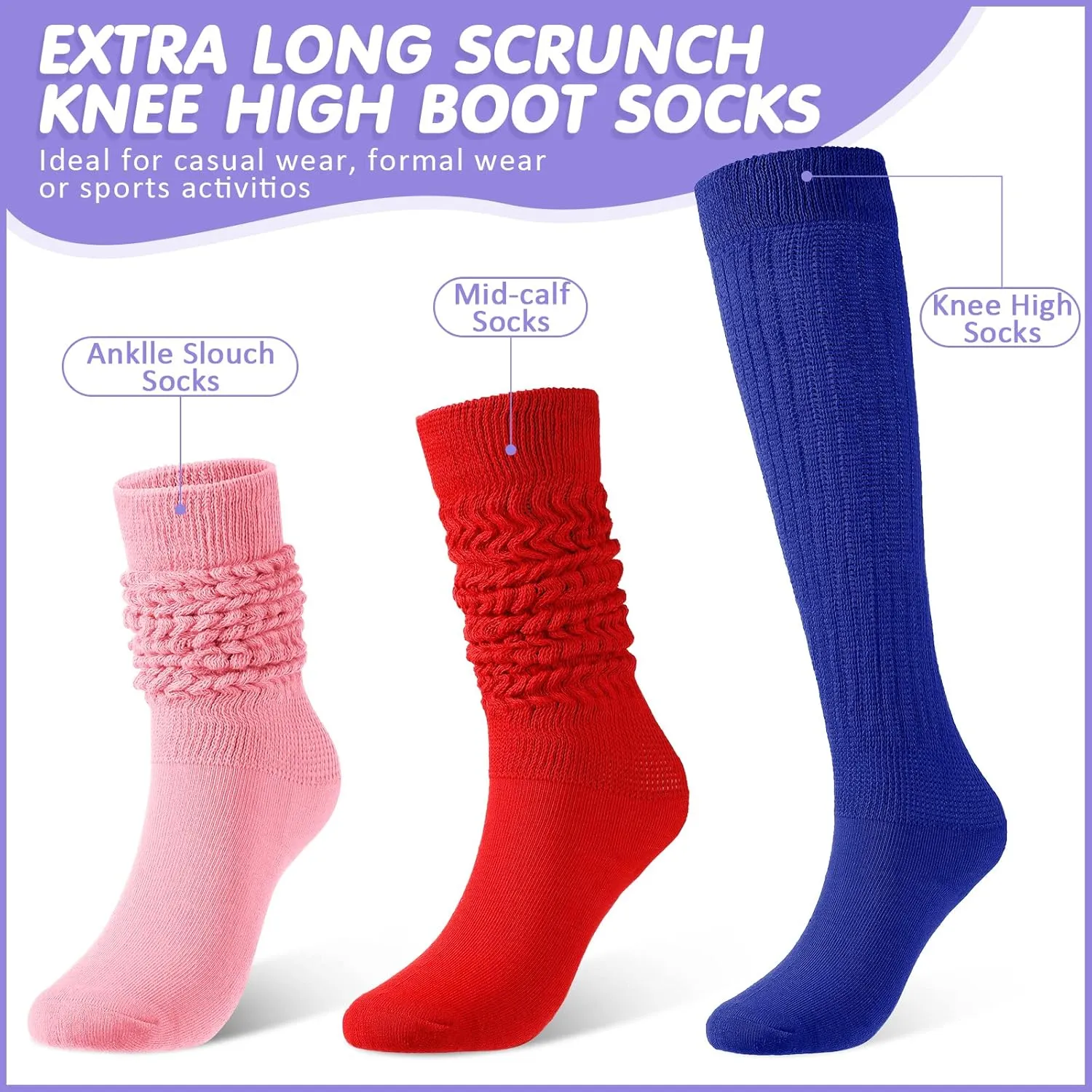 JaGely 6 Pairs Women's Long Slouch Socks - Soft Thick Stacked Scrunchie Socks Size 9-11, 6 Neon Colors Bulk
