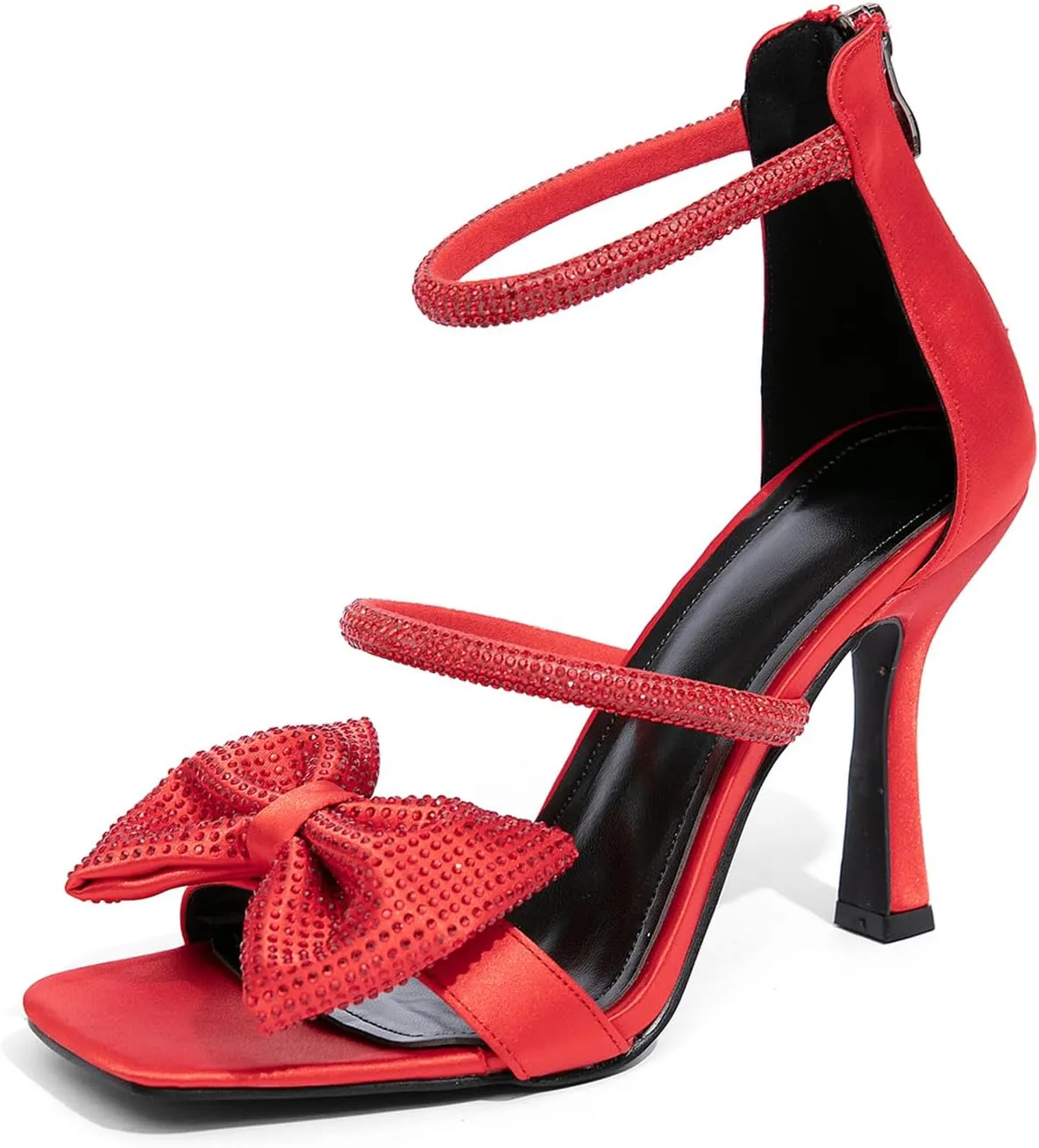 Jeesay Women's Bow Rhinestones High Heels Sandals Strappy Stiletto Square Toe Satin Shoes Wedding Bridal Party Causal Heeled Sandals