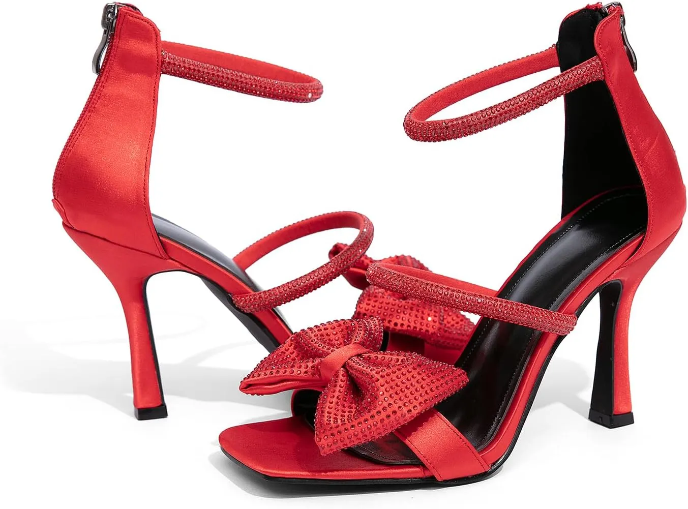 Jeesay Women's Bow Rhinestones High Heels Sandals Strappy Stiletto Square Toe Satin Shoes Wedding Bridal Party Causal Heeled Sandals