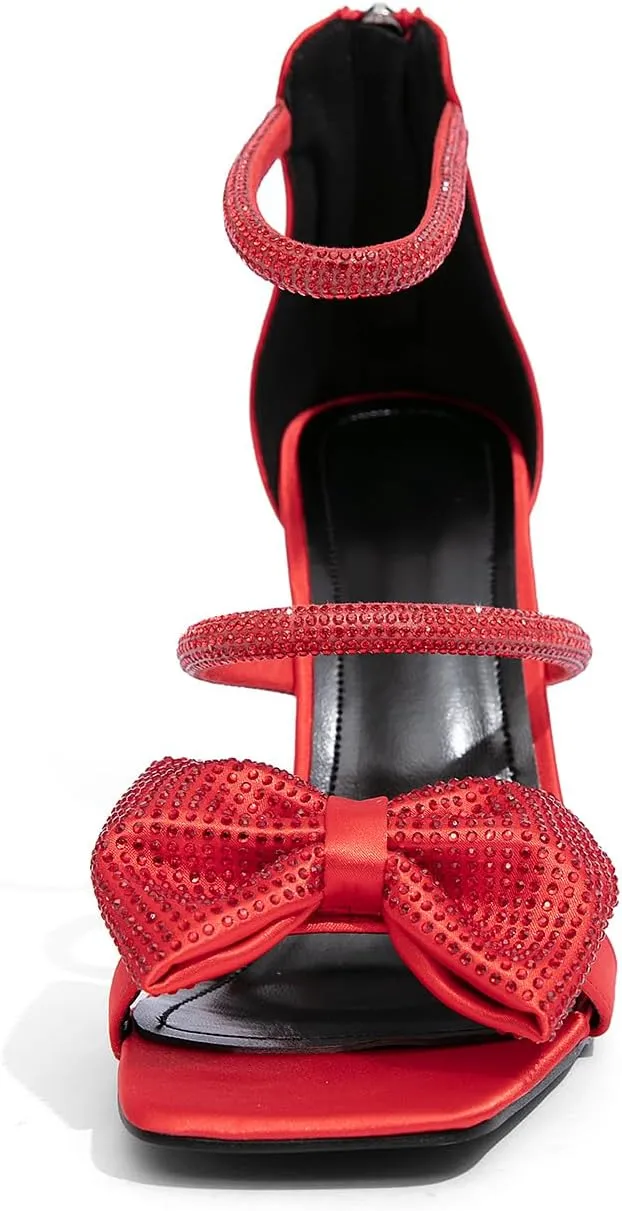 Jeesay Women's Bow Rhinestones High Heels Sandals Strappy Stiletto Square Toe Satin Shoes Wedding Bridal Party Causal Heeled Sandals