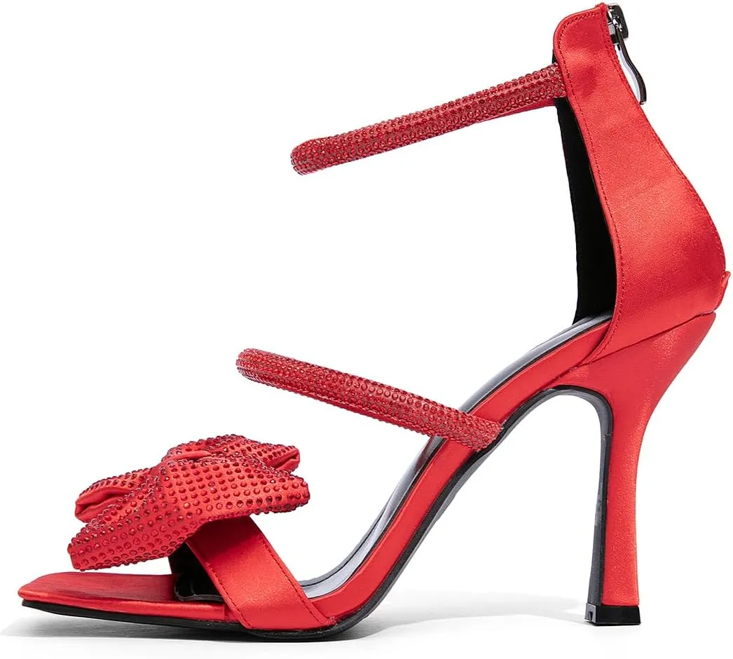 Jeesay Women's Bow Rhinestones High Heels Sandals Strappy Stiletto Square Toe Satin Shoes Wedding Bridal Party Causal Heeled Sandals