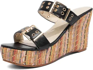 Jeesay Women's Slides Wedge Sandals with Buckle Strap Slip On Peep Toe Platform Sandals High Heels Shoes