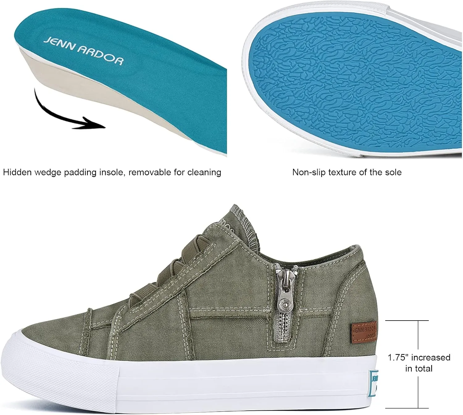 JENN ARDOR Wedge Sneakers for Women Fashion Canvas Shoes Casual Platform Hidden Heel Womens Slip On Sneaker Non Slip Side Zipper
