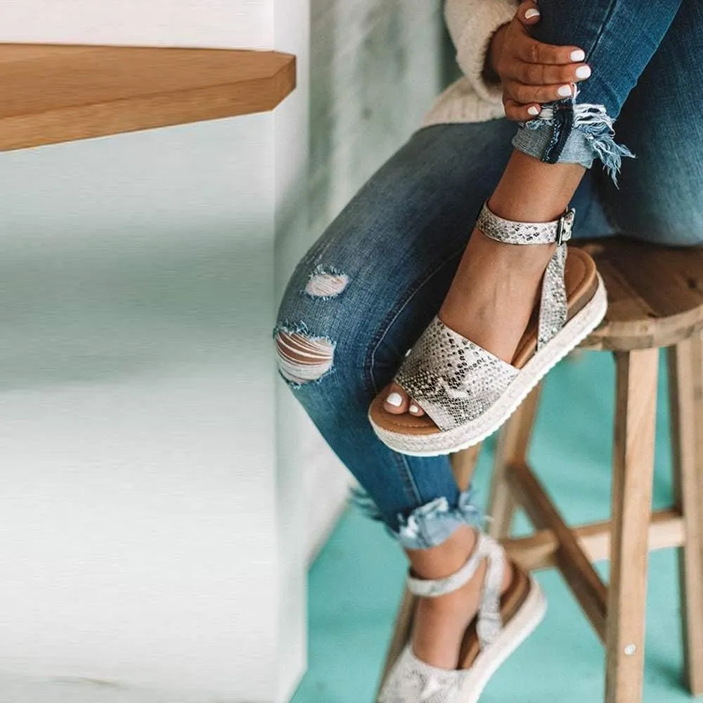 JITUUE Espadrilles Platform Sandals for Women Wedge Heel Open-toe Slingback Ankle Strap Buckle Shoes, Leather and Jute Sole