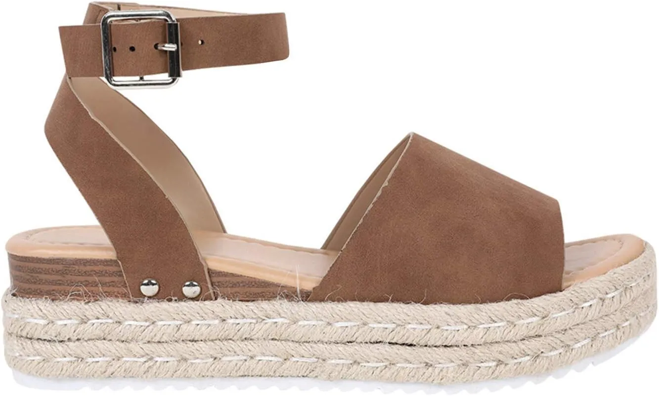 JITUUE Espadrilles Platform Sandals for Women Wedge Heel Open-toe Slingback Ankle Strap Buckle Shoes, Leather and Jute Sole