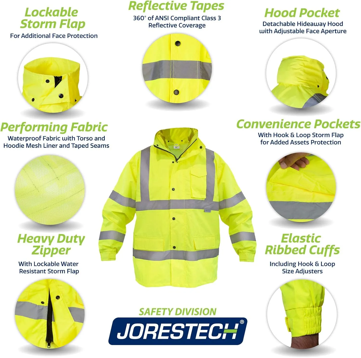 JORESTECH Safety Rain Set/Jacket Reflective High Visibility Yellow Black JK-03 / Pants Lime ANSI 150D Heavy Duty PANTS-03
