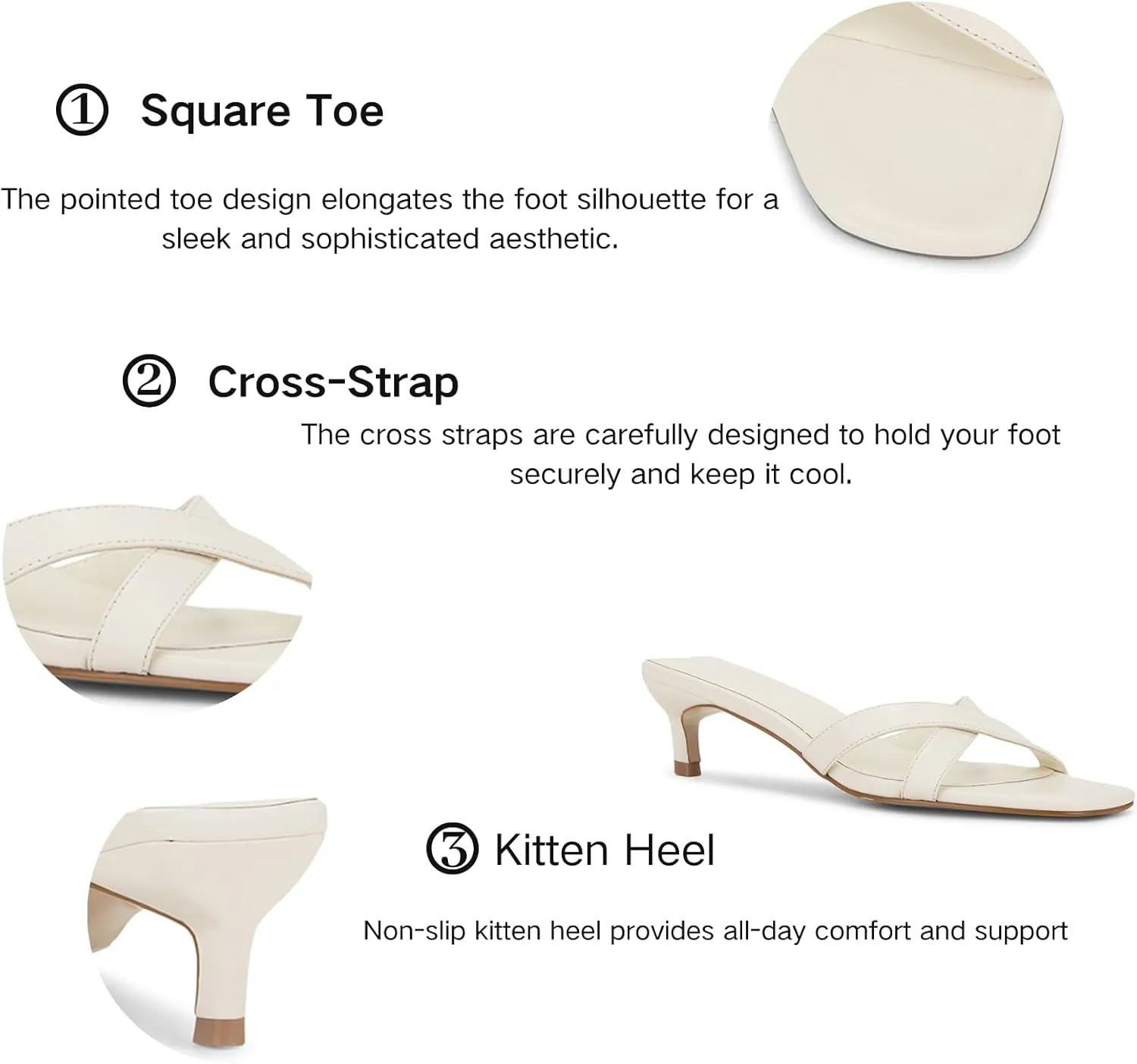 Kitten Heel Mules Sandals for Women Low Heels Open Square Toe Slides Casual Cross-Strap Shoes