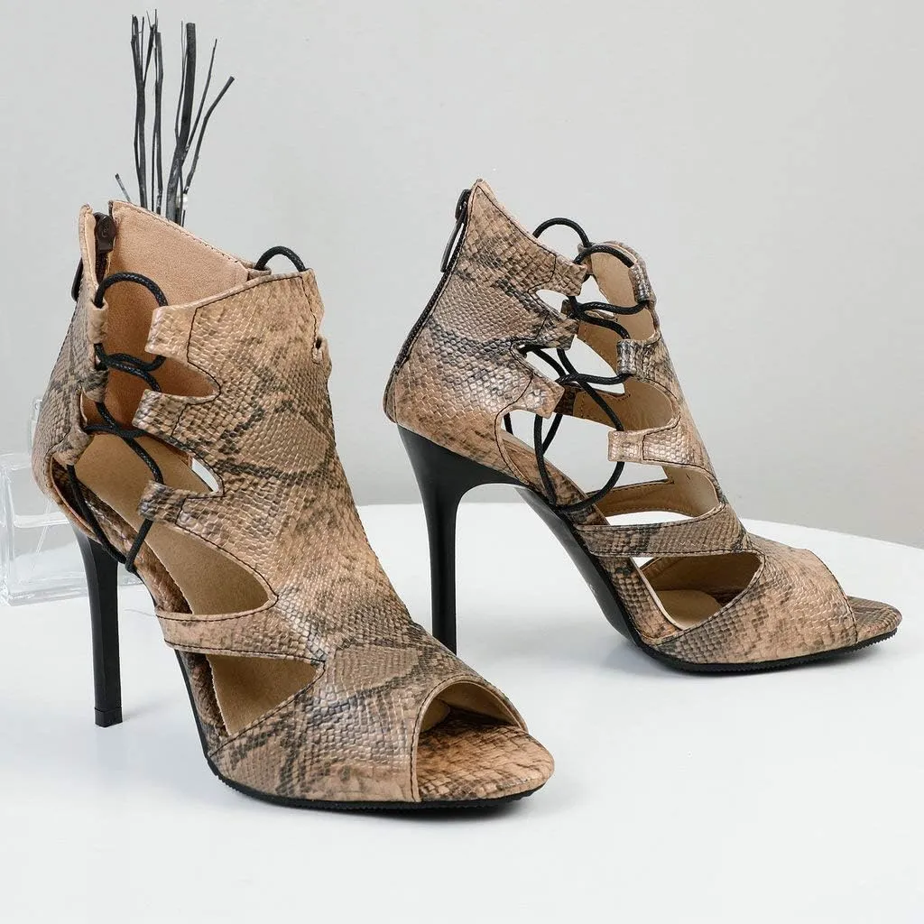 KOKOMOMO Womens Snakeskin Stilettos Caged Gladiator Peep Toe High Heel Sandals