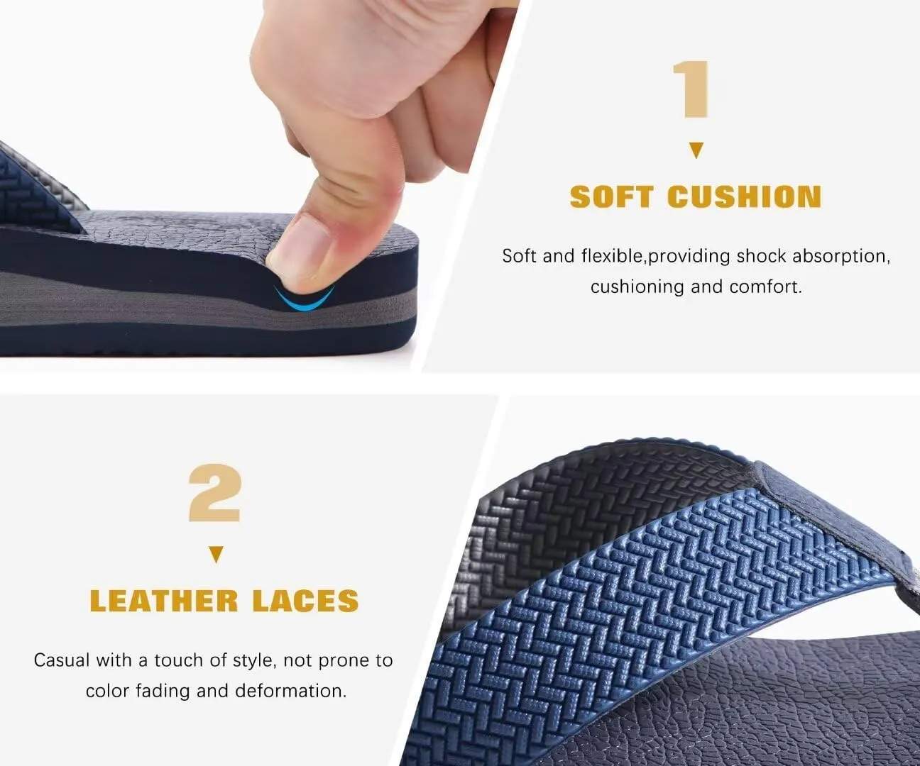 KuaiLu Men's Leather Flip Flops Arch Support Summer Beach Pool Water Thong Sandals Waterproof Rubber Walking Shoes