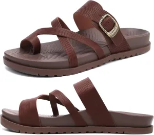 KuaiLu Womens Orthopedic Sandals With Comfortable Arch Support Cushion Yoga Mat Slides Fashion Summer Beach Flat Sandles Adjustable Open Toe Travel Outdoor Plantar Fasciitis Flip Flops Brown 9