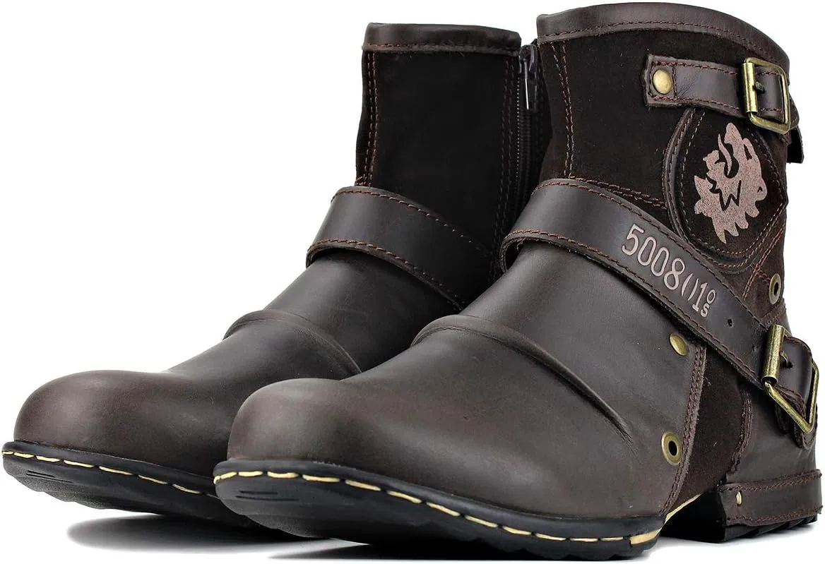 Leather Casual Motorcycle Combat Hiking Dress Ankle Boots for Men with Side Zipper CD-5008-1-N-S