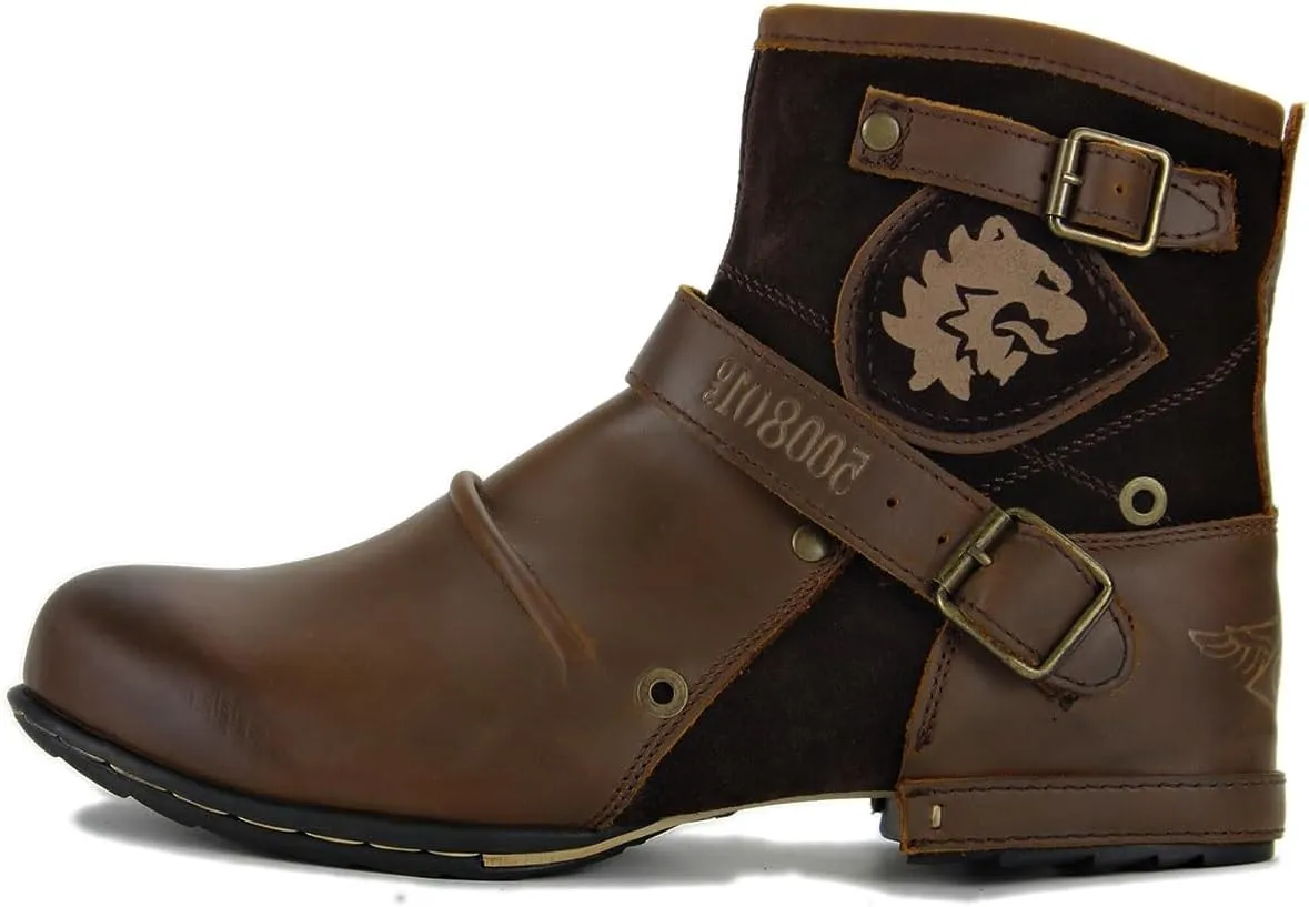 Leather Casual Motorcycle Combat Hiking Dress Ankle Boots for Men with Side Zipper
