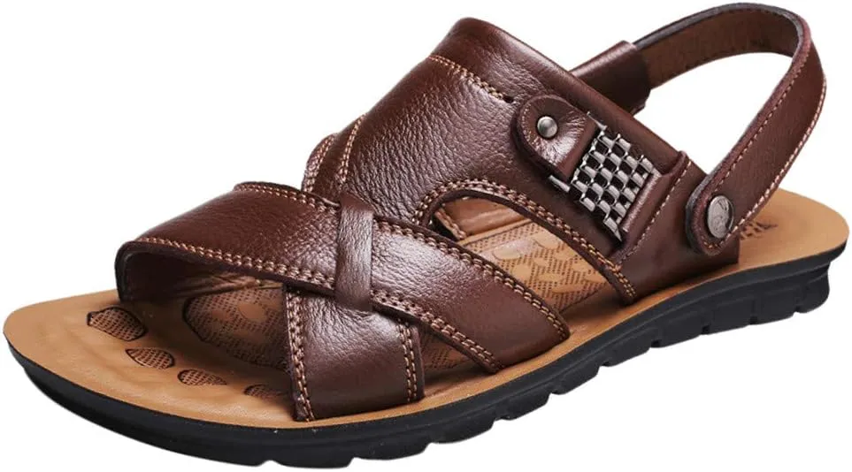 Leather Sandals for Men Breathable Orthopedic Sandals with Arch Support Non-Slip Adjustable Buckle Sports Slides Wide