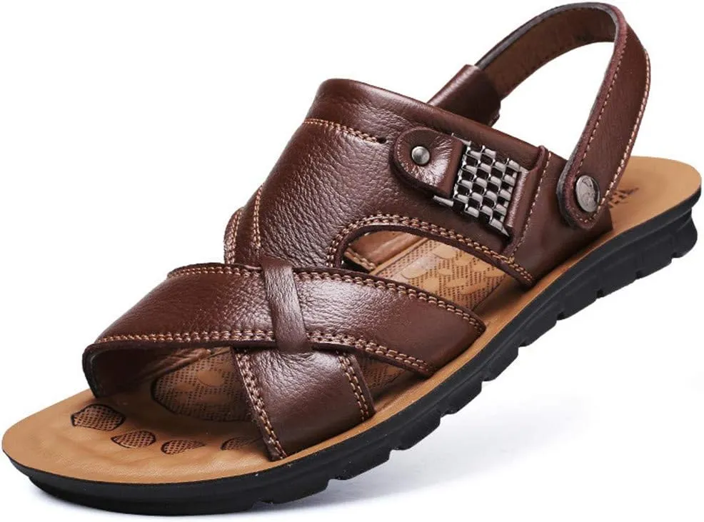 Leather Sandals for Men Breathable Orthopedic Sandals with Arch Support Non-Slip Adjustable Buckle Sports Slides Wide