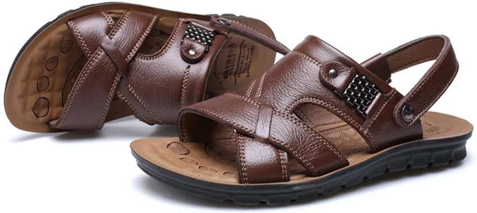 Leather Sandals for Men Breathable Orthopedic Sandals with Arch Support Non-Slip Adjustable Buckle Sports Slides Wide