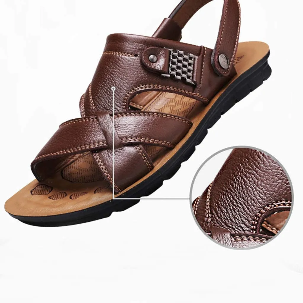 Leather Sandals for Men Dressy Orthopedic Sandals with Arch Support Wide Wdth Adjustable Buckle Sports Slides Cross Strap House Slippers