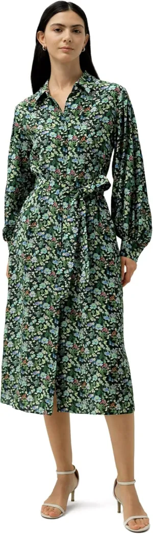 LilySilk Fairytale Forest Midi-Length Silk Shirtdress Floral Printed Button Up Casual Dress for Holiday