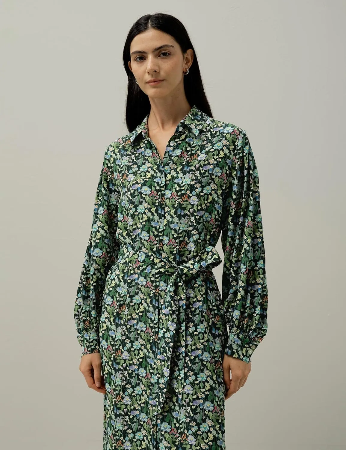 LilySilk Fairytale Forest Midi-Length Silk Shirtdress Floral Printed Button Up Casual Dress for Holiday