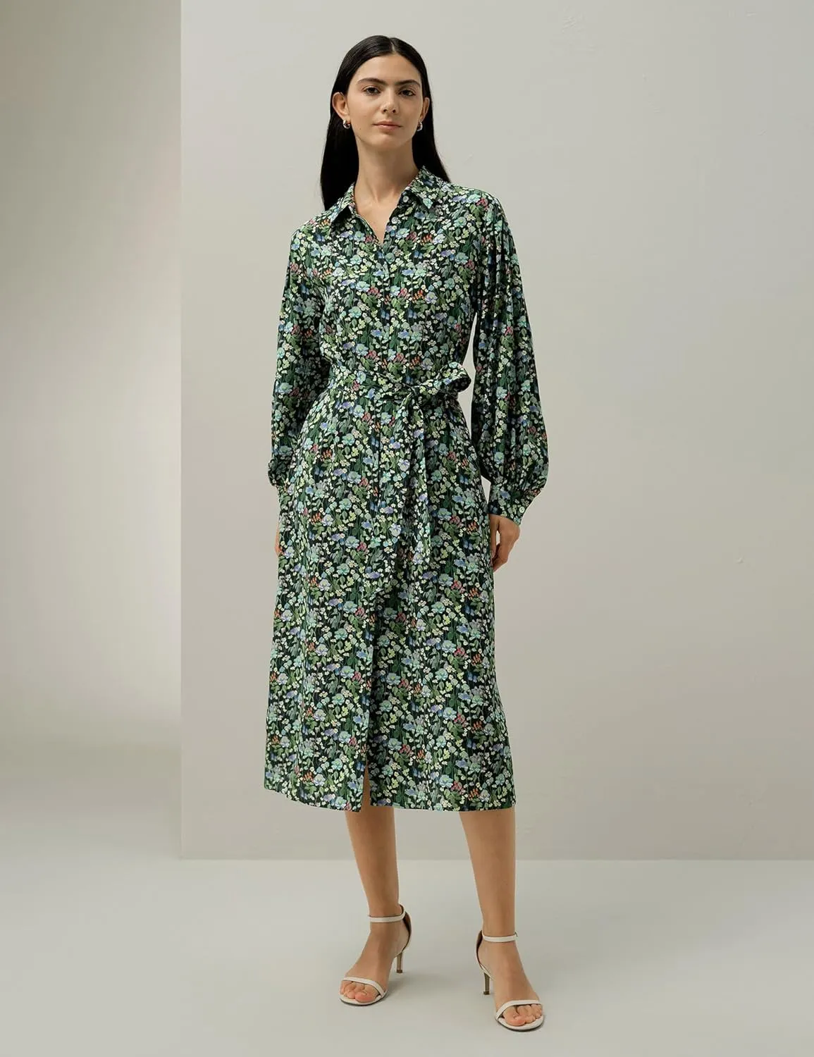 LilySilk Fairytale Forest Midi-Length Silk Shirtdress Floral Printed Button Up Casual Dress for Holiday