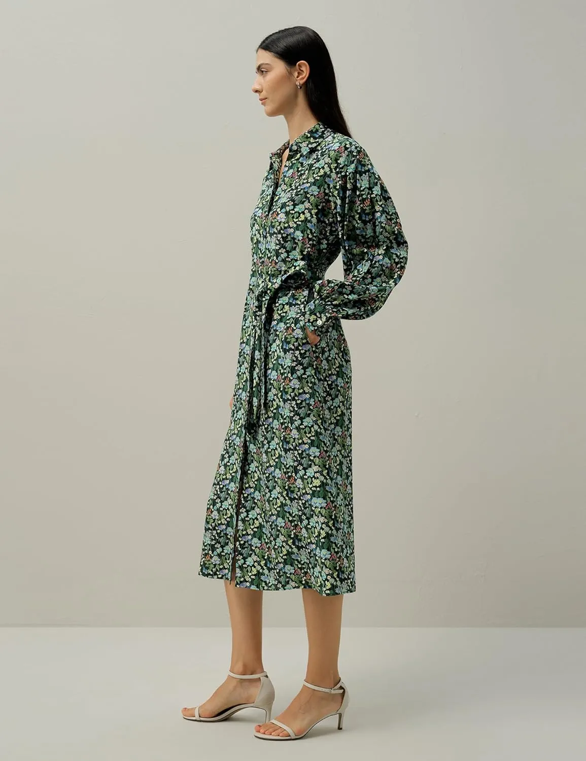 LilySilk Fairytale Forest Midi-Length Silk Shirtdress Floral Printed Button Up Casual Dress for Holiday