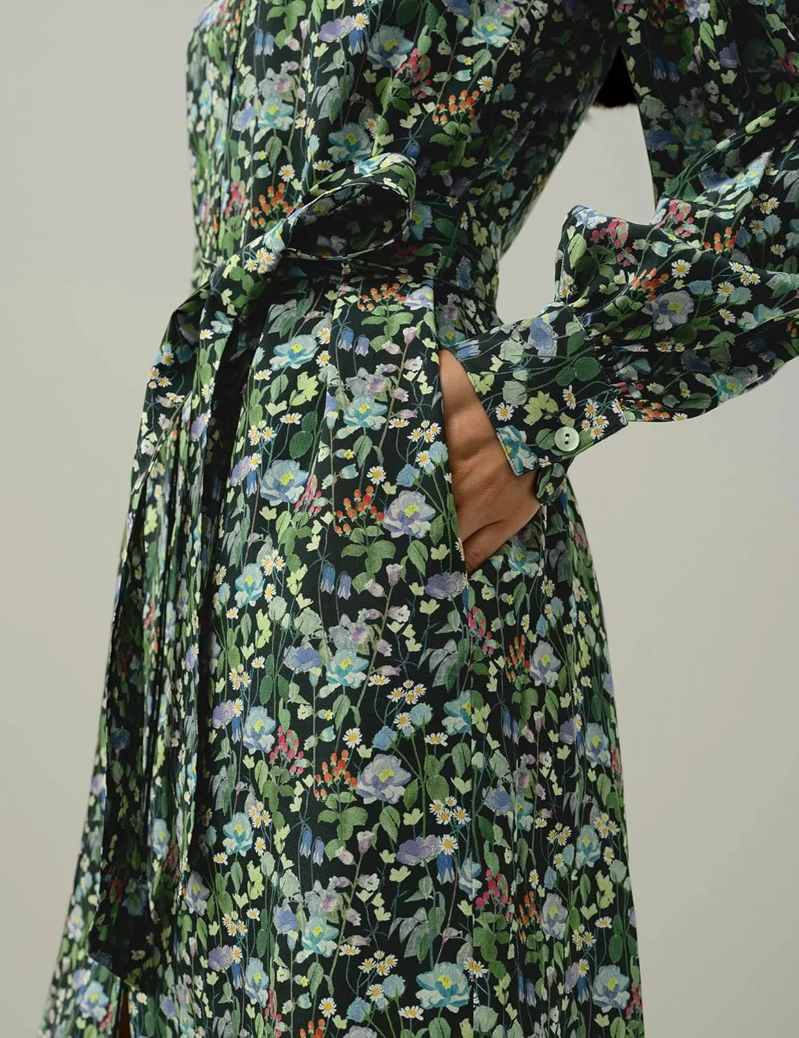 LilySilk Fairytale Forest Midi-Length Silk Shirtdress Floral Printed Button Up Casual Dress for Holiday