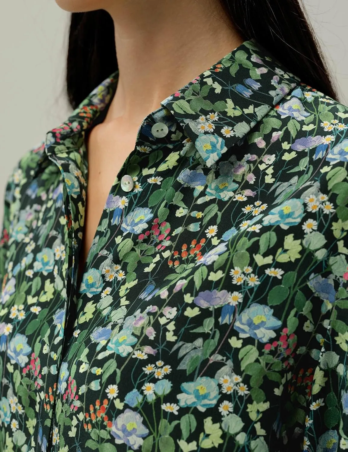 LilySilk Fairytale Forest Midi-Length Silk Shirtdress Floral Printed Button Up Casual Dress for Holiday
