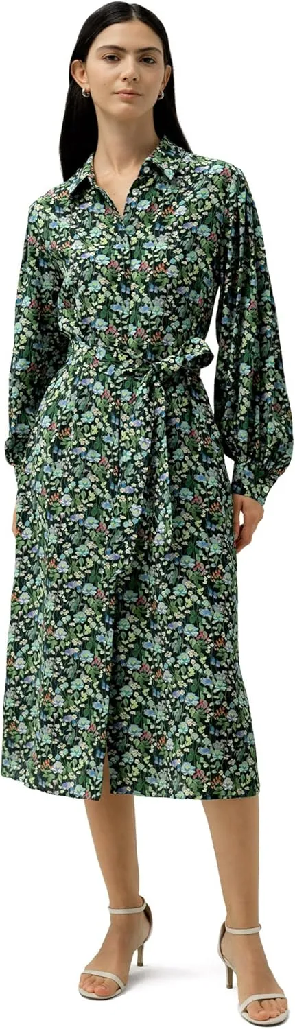 LilySilk Fairytale Forest Midi-Length Silk Shirtdress Floral Printed Button Up Casual Dress for Holiday