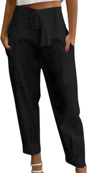 Linen Pants for Women Plus Size Linen Pants Ankle Cropped Trouser with Pockets Linen Pull On Pants for Women