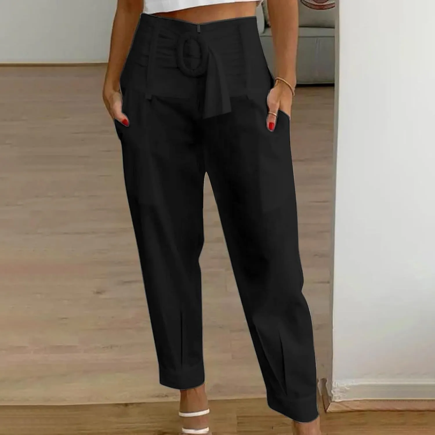 Linen Pants for Women Plus Size Linen Pants Ankle Cropped Trouser with Pockets Linen Pull On Pants for Women