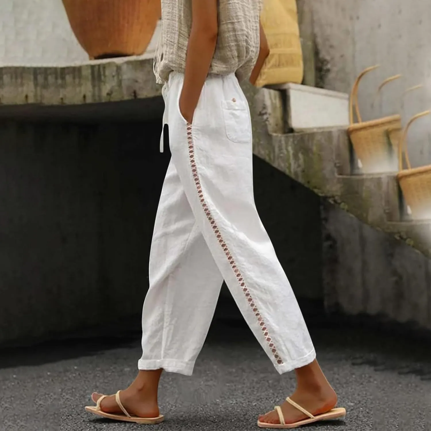 Linen Pants for Women Summer Linen Pant Loose Straight Leg Capri Pants Beach Pants with Tailored Linen Pants for Women