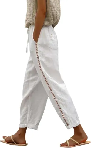 Linen Pants for Women Summer Linen Pant Loose Straight Leg Capri Pants Beach Pants with Tailored Linen Pants for Women
