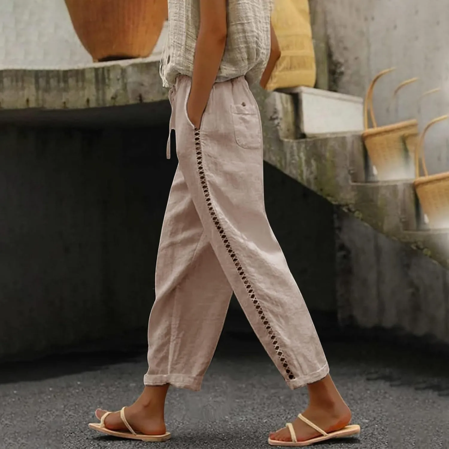 Linen Pants for Women Summer Linen Pant Loose Straight Leg Capri Pants Beach Pants with Tailored Linen Pants for Women