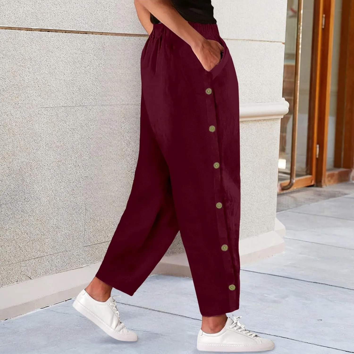 Linen Pants Women Long Womens Linen Pant Mid Waist Cotton Linen Casual Slacks Women's Linen Pants with Pockets