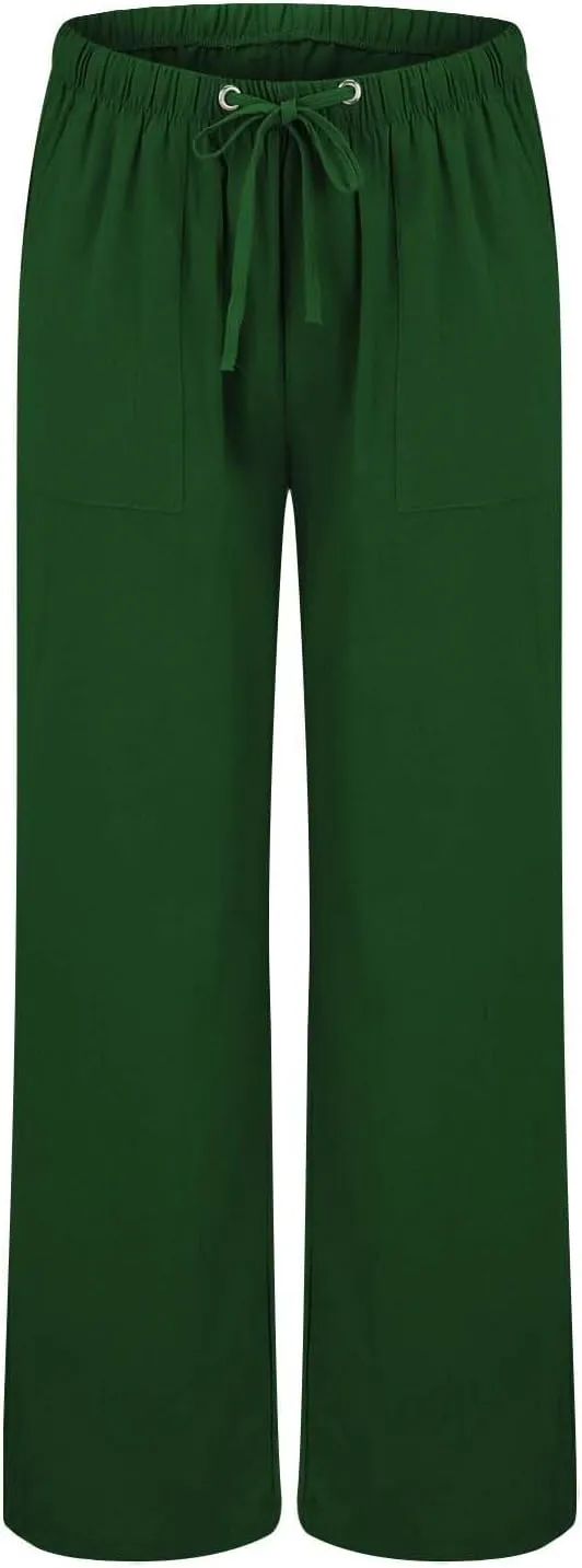 Linen Summer Pants Women Casual Elastic High Waisted Wide Leg Loose Comfy Trousers with Pockets Linen Clothing