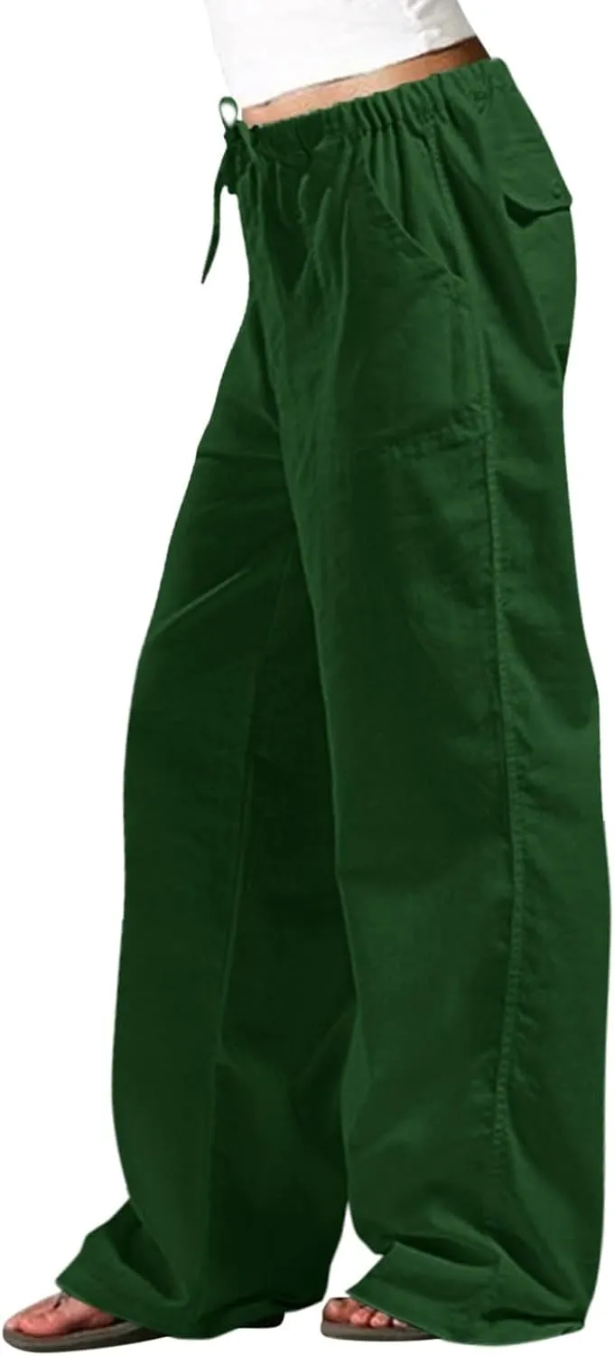 Linen Summer Pants Women Casual Elastic High Waisted Wide Leg Loose Comfy Trousers with Pockets Linen Clothing
